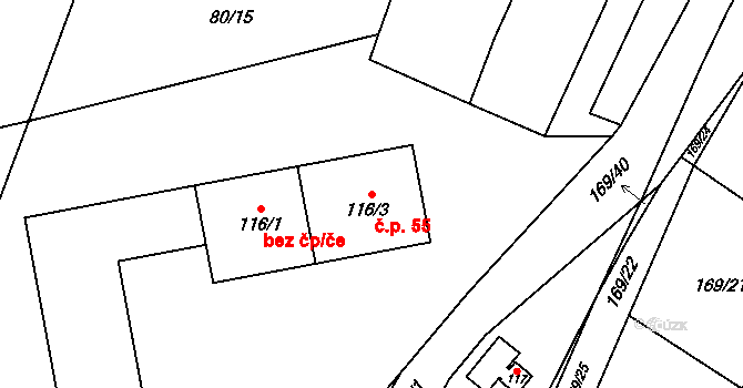 Bor 55, Suchdol nad Lužnicí na parcele st. 116/3 v KÚ Bor, Katastrální mapa