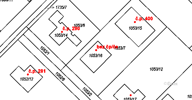 Jirny 92384404 na parcele st. 1053/16 v KÚ Jirny, Katastrální mapa