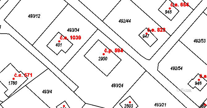 Hradištko 594 na parcele st. 2950 v KÚ Hradištko pod Medníkem, Katastrální mapa