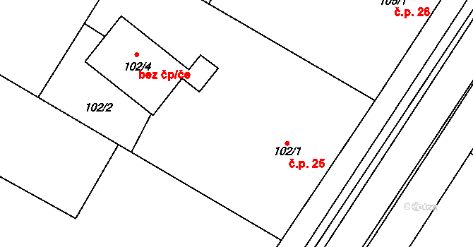 Trnové Pole 25 na parcele st. 102/1 v KÚ Trnové Pole, Katastrální mapa