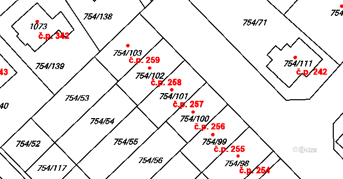 Radslavice 257 na parcele st. 754/101 v KÚ Radslavice u Přerova, Katastrální mapa