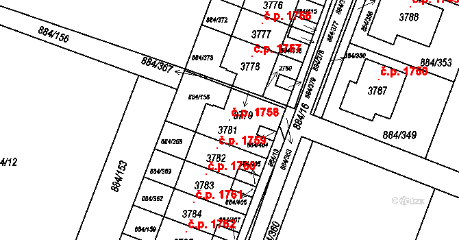 Bystřice pod Hostýnem 1758 na parcele st. 3781 v KÚ Bystřice pod Hostýnem, Katastrální mapa