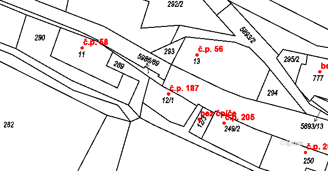 Kamenice 187 na parcele st. 12/1 v KÚ Kamenice u Jihlavy, Katastrální mapa