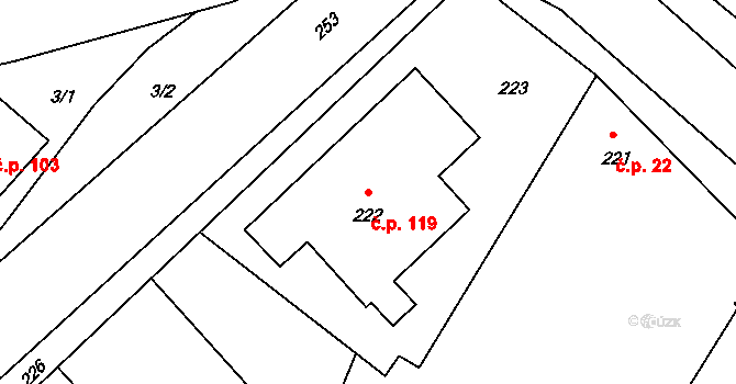 Lomnička 119 na parcele st. 222 v KÚ Lomnička u Tišnova, Katastrální mapa