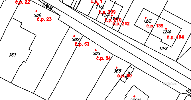 Popůvky 24 na parcele st. 363 v KÚ Popůvky u Brna, Katastrální mapa