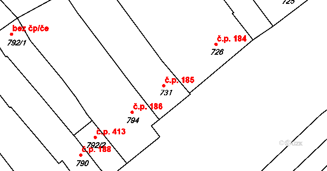 Šaratice 185 na parcele st. 731 v KÚ Šaratice, Katastrální mapa
