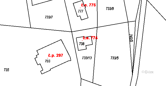 Ostravice 774 na parcele st. 738 v KÚ Staré Hamry 2, Katastrální mapa