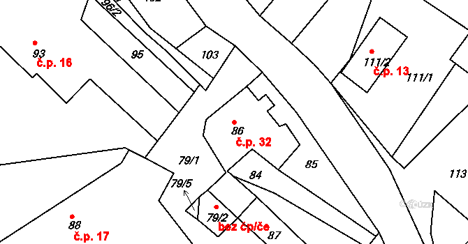 Lipová 32, Chuderov na parcele st. 86 v KÚ Lipová pod Blanskem, Katastrální mapa