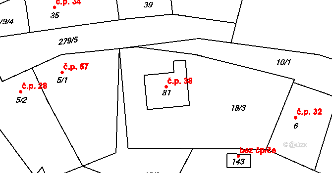 Vlčnov 38, Chrudim na parcele st. 81 v KÚ Vlčnov u Chrudimi, Katastrální mapa