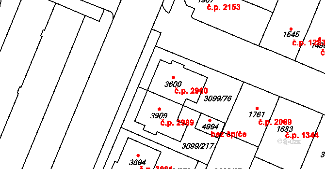 Břeclav 2960 na parcele st. 3600 v KÚ Břeclav, Katastrální mapa
