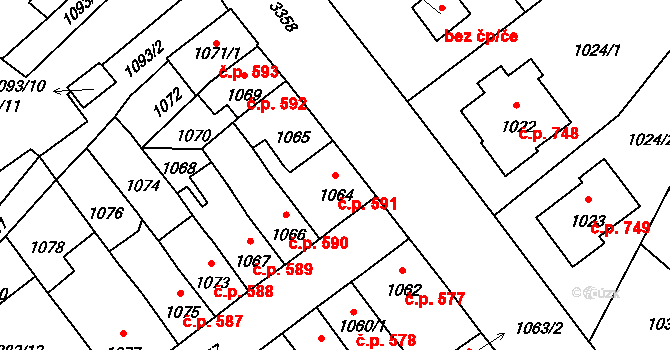 Pelhřimov 591 na parcele st. 1064 v KÚ Pelhřimov, Katastrální mapa