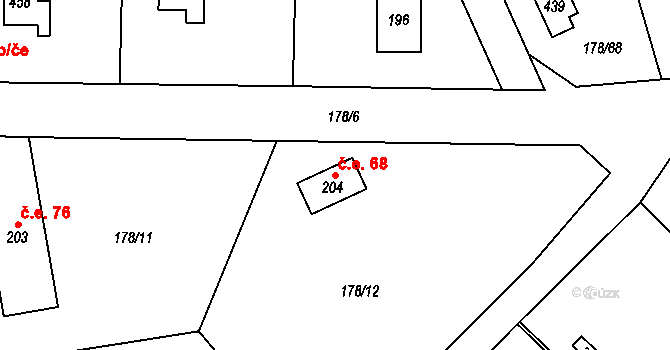 Lhotka 68, Svinaře na parcele st. 204 v KÚ Svinaře, Katastrální mapa