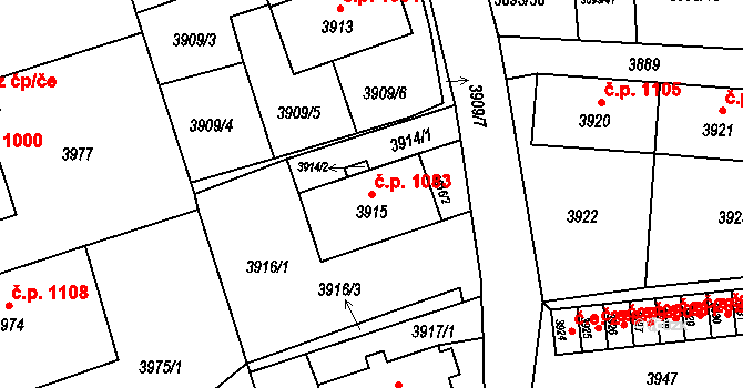 Jirkov 1083 na parcele st. 3915 v KÚ Jirkov, Katastrální mapa