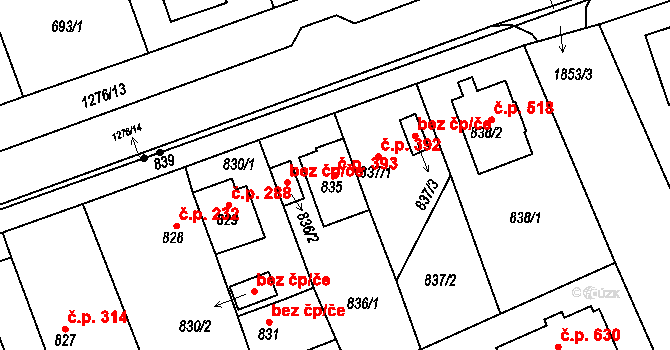 Černice 393, Plzeň na parcele st. 835 v KÚ Bručná, Katastrální mapa