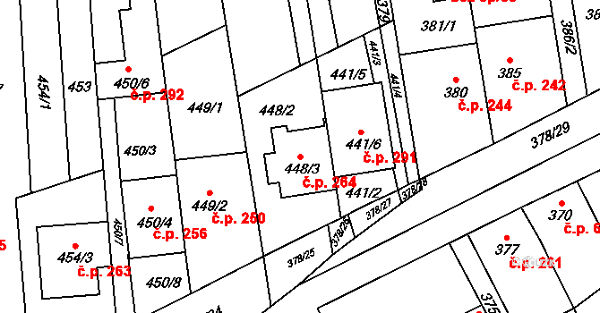 Silůvky 264 na parcele st. 448/3 v KÚ Silůvky, Katastrální mapa