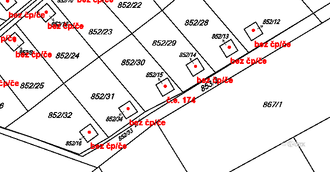 Ráj 174, Karviná na parcele st. 852/15 v KÚ Ráj, Katastrální mapa