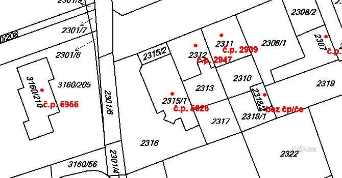Chomutov 5626 na parcele st. 2315/1 v KÚ Chomutov II, Katastrální mapa