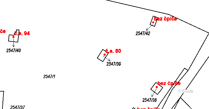Roztoky 80 na parcele st. 2547/39 v KÚ Roztoky u Prahy, Katastrální mapa
