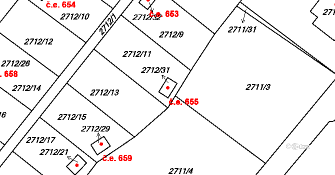 Kopřivnice 655 na parcele st. 2712/31 v KÚ Kopřivnice, Katastrální mapa
