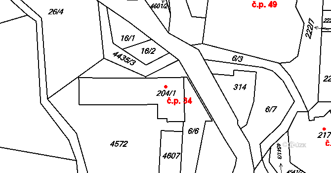 Vysoké Pole 34 na parcele st. 204/1 v KÚ Vysoké Pole, Katastrální mapa