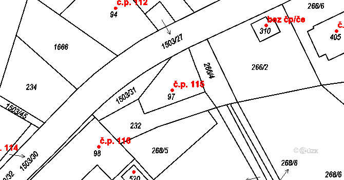 Rosice 115 na parcele st. 97 v KÚ Rosice u Chrasti, Katastrální mapa