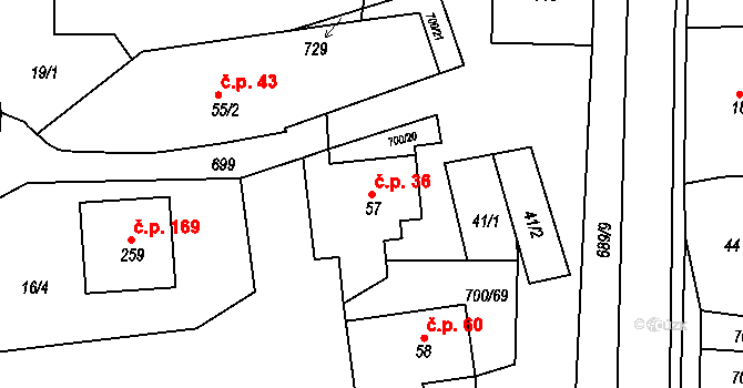 Jeníkov 36 na parcele st. 57 v KÚ Jeníkov u Hlinska, Katastrální mapa