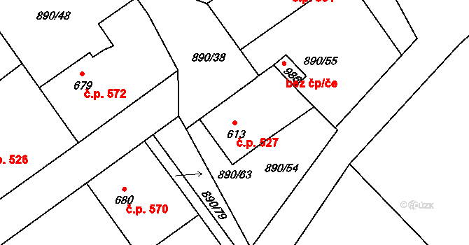 Chrast 527 na parcele st. 613 v KÚ Chrast, Katastrální mapa
