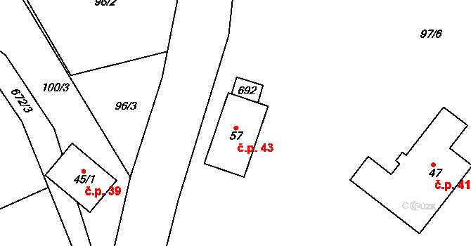 Petrovice u Uhelné Příbramě 43, Uhelná Příbram na parcele st. 57 v KÚ Petrovice u Uhelné Příbramě, Katastrální mapa