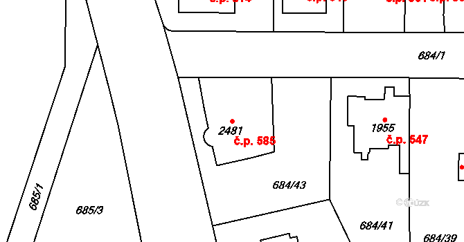 Bílé Předměstí 585, Pardubice na parcele st. 2481 v KÚ Pardubice, Katastrální mapa