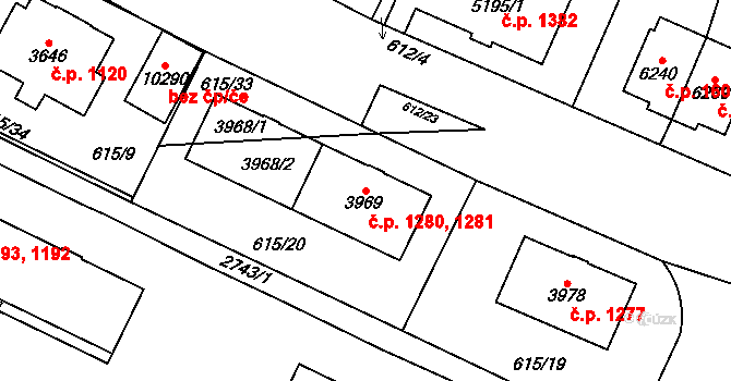 Bílé Předměstí 1280,1281, Pardubice na parcele st. 3968/1 v KÚ Pardubice, Katastrální mapa