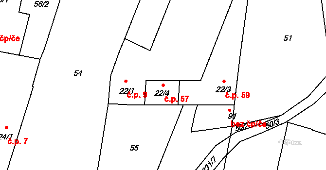 Radčice 57, Vodňany na parcele st. 22/4 v KÚ Radčice u Vodňan, Katastrální mapa