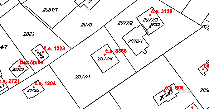 Bolevec 3338, Plzeň na parcele st. 2077/4 v KÚ Bolevec, Katastrální mapa