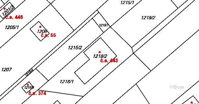Popůvky 443 na parcele st. 1218/2 v KÚ Popůvky u Brna, Katastrální mapa