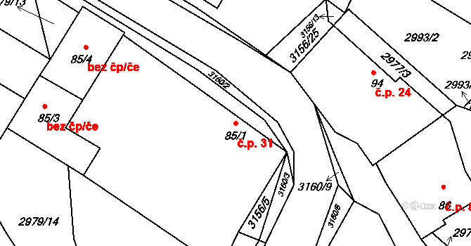 Hvozdec 31 na parcele st. 85/1 v KÚ Hvozdec u Lišova, Katastrální mapa