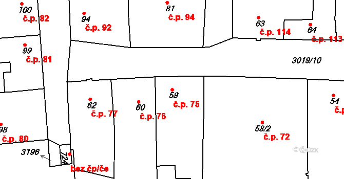 Toužim 75 na parcele st. 59 v KÚ Toužim, Katastrální mapa