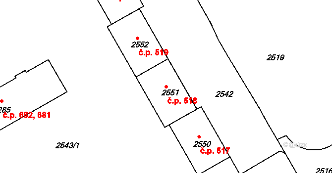 Lyžbice 518, Třinec na parcele st. 2551 v KÚ Lyžbice, Katastrální mapa