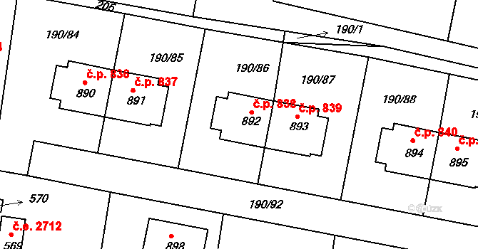 Těptín 838, Kamenice na parcele st. 892 v KÚ Těptín, Katastrální mapa