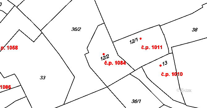 Švermov 1084, Kladno na parcele st. 12/2 v KÚ Hnidousy, Katastrální mapa