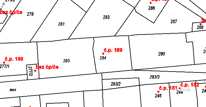 Loděnice 189 na parcele st. 284 v KÚ Loděnice u Berouna, Katastrální mapa