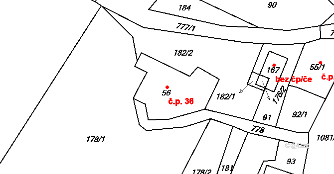 Syřenov 36 na parcele st. 56 v KÚ Syřenov, Katastrální mapa
