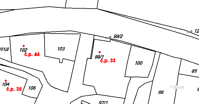 Hřibsko 33, Stěžery na parcele st. 99/1 v KÚ Hřibsko, Katastrální mapa