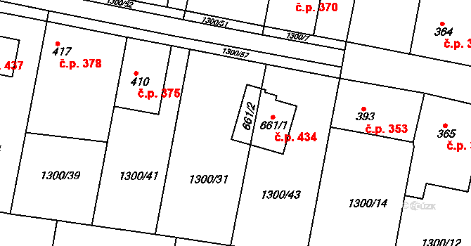 Hudlice 434 na parcele st. 661/1 v KÚ Hudlice, Katastrální mapa
