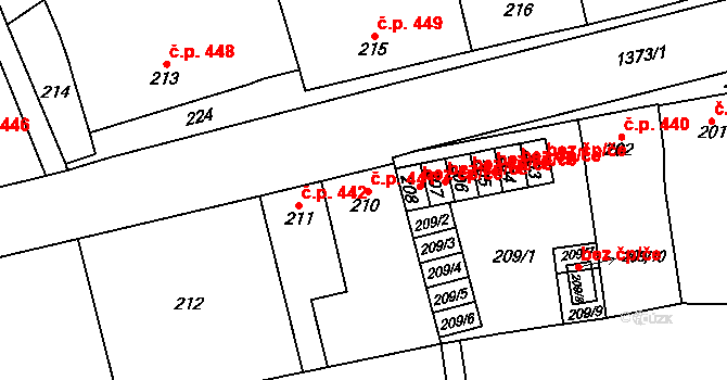 Tučapy 441, Dub nad Moravou na parcele st. 210 v KÚ Dub nad Moravou, Katastrální mapa
