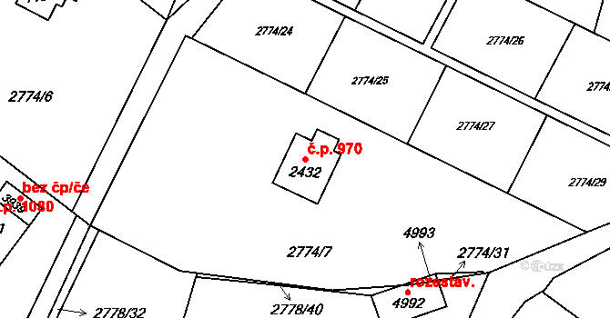 Rožnov pod Radhoštěm 970 na parcele st. 2432 v KÚ Rožnov pod Radhoštěm, Katastrální mapa