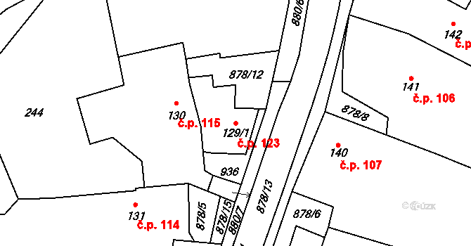 Hořepník 123 na parcele st. 129/1 v KÚ Hořepník, Katastrální mapa