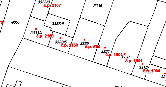 Teplice 574 na parcele st. 3335 v KÚ Teplice, Katastrální mapa