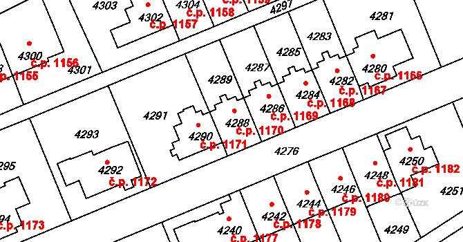 Záběhlice 1170, Praha na parcele st. 4288 v KÚ Záběhlice, Katastrální mapa