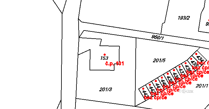 Podhůří 101, Vrchlabí na parcele st. 153 v KÚ Podhůří-Harta, Katastrální mapa