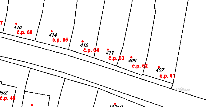 Blučina 63 na parcele st. 411 v KÚ Blučina, Katastrální mapa
