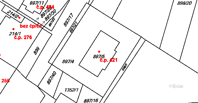 Křimice 421, Plzeň na parcele st. 897/5 v KÚ Křimice, Katastrální mapa
